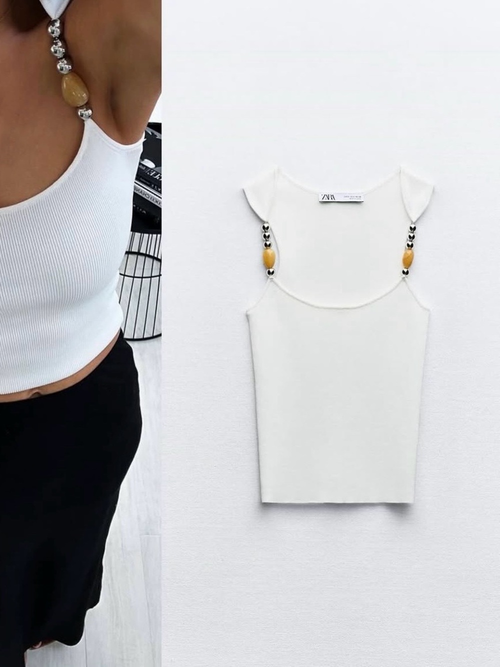 Zara White Beaded Strap Ribbed Tank Top